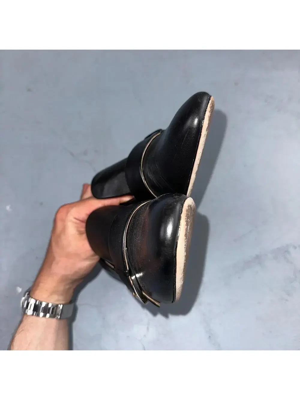 Kate Spade Alia Black Block Heel Pump 9.5 Leather Chunky Silver Tone Buckle